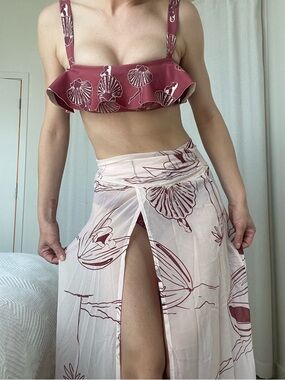 ANCORA Two-Piece Floral Bikini Top and Wrap Skirt Set - Dusty Rose & Cream S